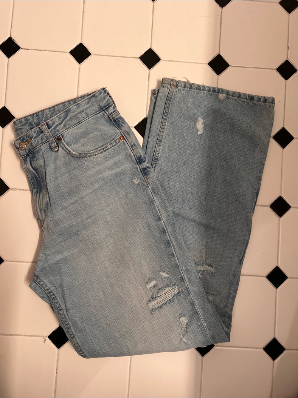 Zara Light Blue Flare Jeans with Distressed Details L/XL